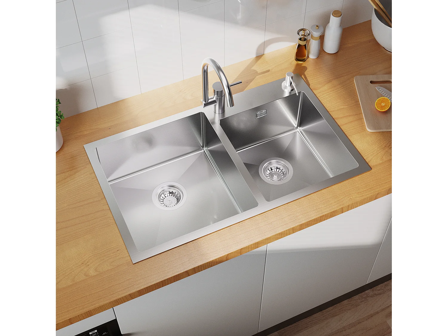 AURALUM MAX Evier de Cuisine 75x45x19cm,Acier Inoxydable Évier Double Bac avec 2 Trous Montage/avec Distributeur Savon  Lavabo de Cuisine Kit,Brossé