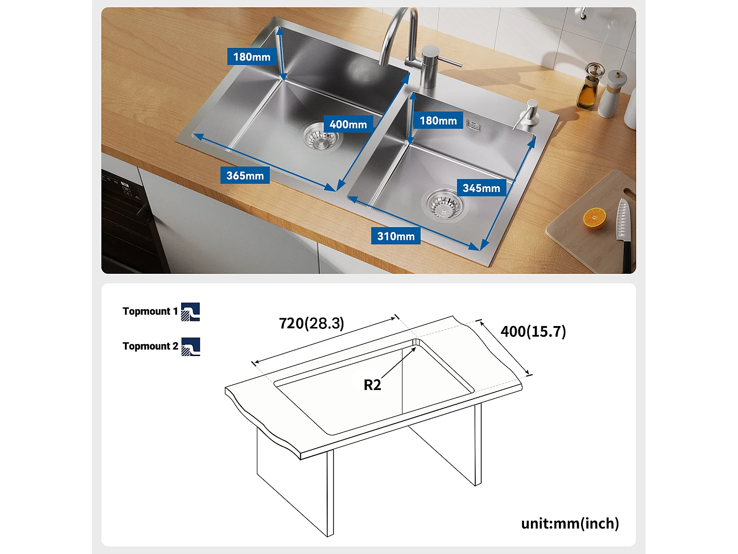 AURALUM MAX Evier de Cuisine 75x45x19cm,Acier Inoxydable Évier Double Bac avec 2 Trous Montage/avec Distributeur Savon  Lavabo de Cuisine Kit,Brossé