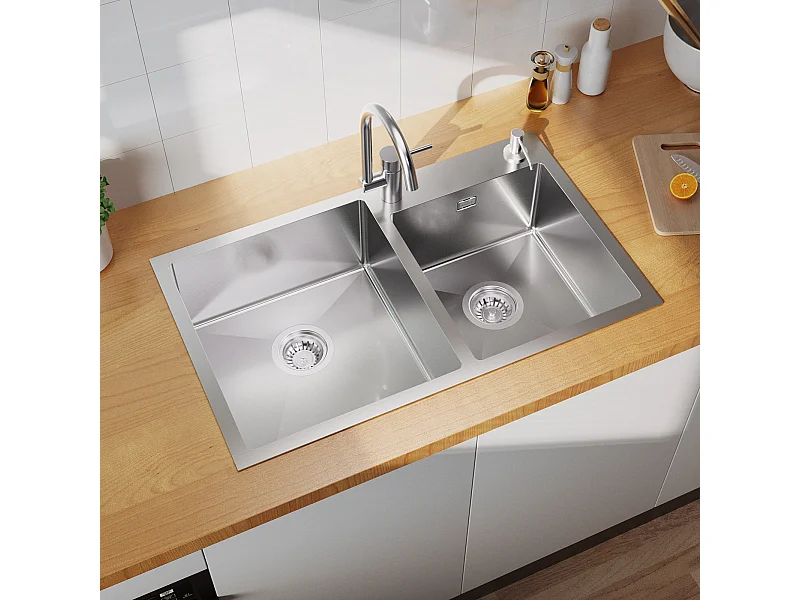 AURALUM MAX Lavello  Cucina 75x45x19cm,Lavello Inossidabile Doppio Vassoio con 2 Fori Montaggio/con Dispenser Sapone Lavabo da Cucina Kit,Spazzolato