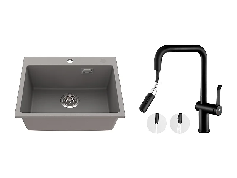 1 Bac Évier Cuisine en Granit,55*45*20cm,Kit Vidage,Gris +Robinet Cuisine avec Douchette Extractible,2 Fonctions, Barboteur démontable,Noir