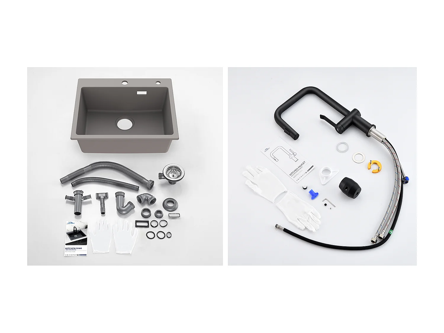 1 Vassoio Lavello Cucina in Granito,55*45*20cm,,Grigio+Rubinetto Cucina con Doccetta Estraibile,2 Funzioni,Strattatore smontabile,Nero