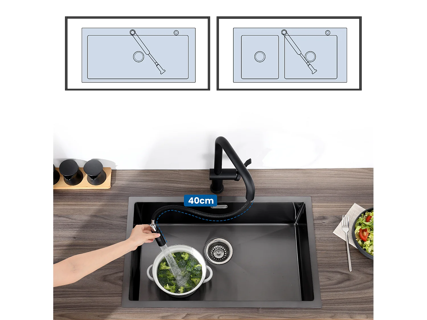 1 Vassoio Lavello Cucina in Granito,55*45*20cm,,Grigio+Rubinetto Cucina con Doccetta Estraibile,2 Funzioni,Strattatore smontabile,Nero