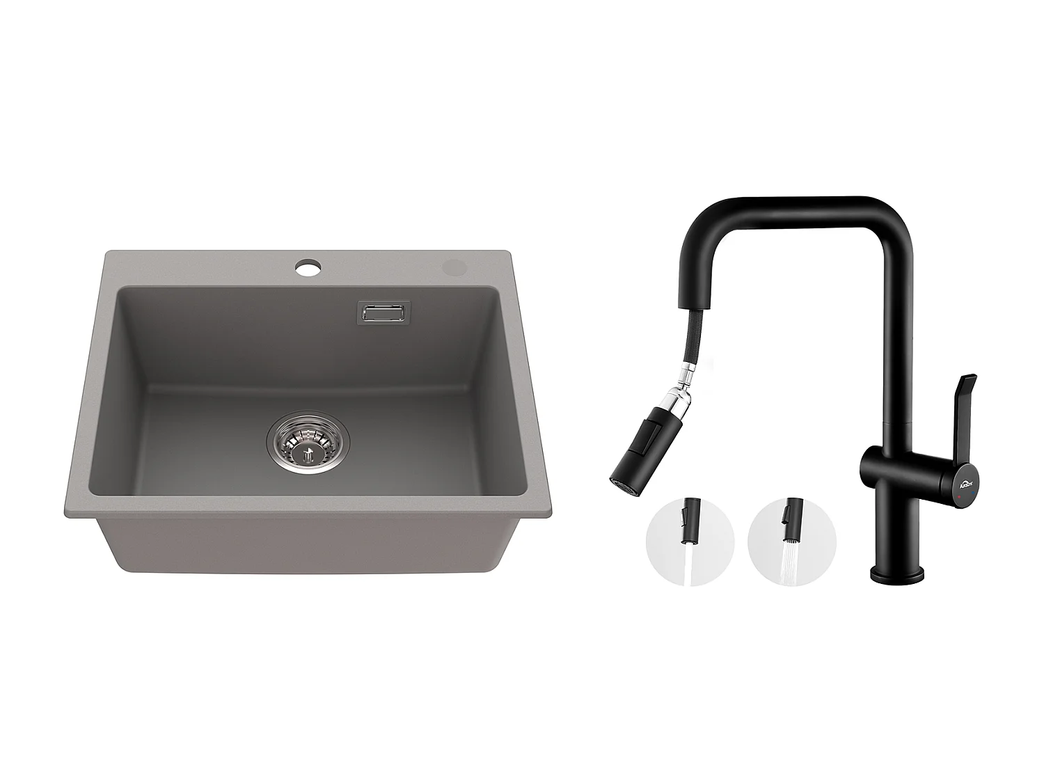 1 Bac Évier Cuisine en Granit,55*45*20cm,Kit Vidage,Gris +Robinet Cuisine avec Douchette Extractible,2 Fonctions, Barboteur démontable,Noir