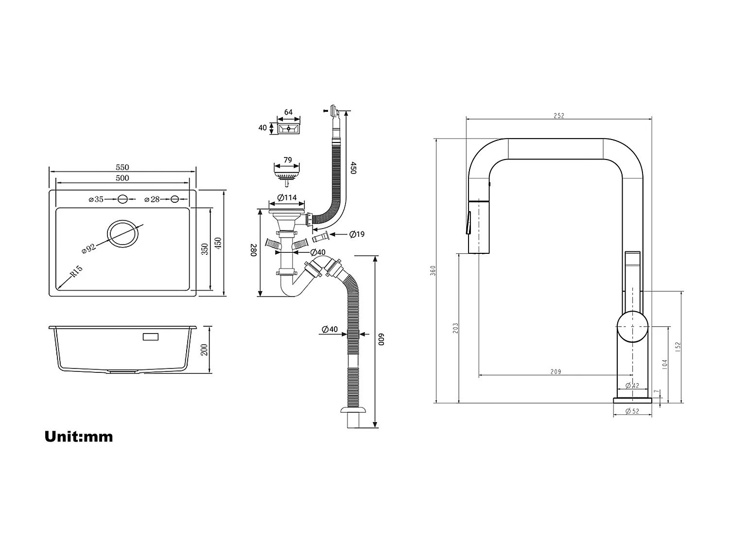 1 Bac Évier Cuisine en Granit,55*45*20cm,Kit Vidage,Gris +Robinet Cuisine avec Douchette Extractible,2 Fonctions, Barboteur démontable,Noir