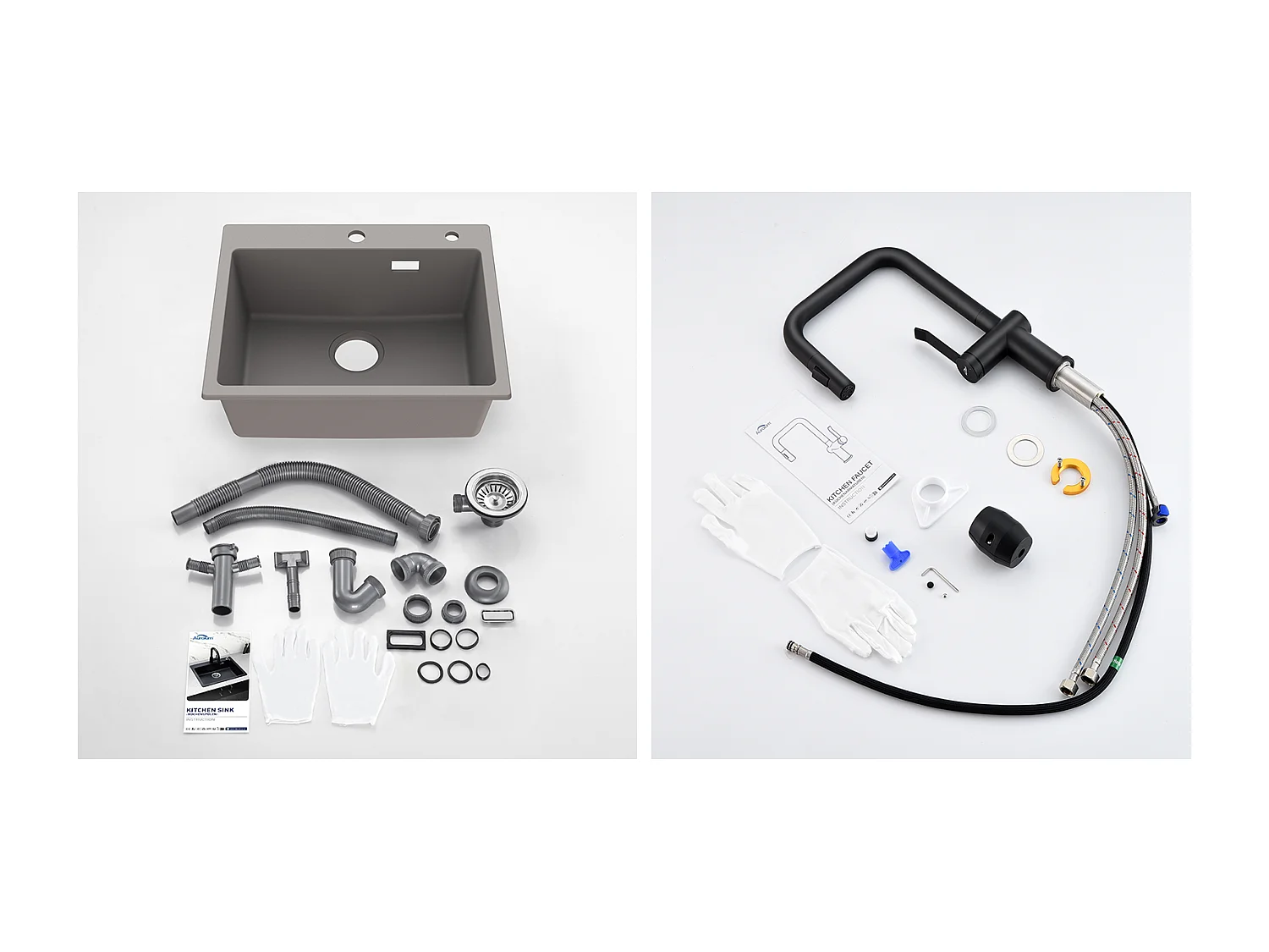 1 Bac Évier Cuisine en Granit,55*45*20cm,Kit Vidage,Gris +Robinet Cuisine avec Douchette Extractible,2 Fonctions, Barboteur démontable,Noir
