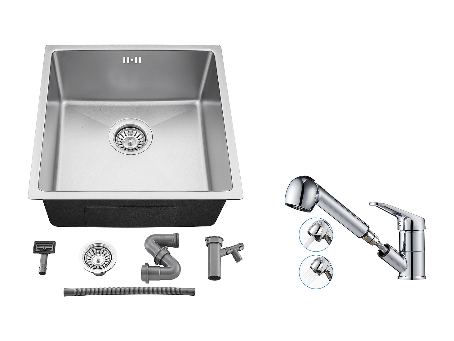 Évier Encastré 44x44x20CM- Évier de Cuisine 1 Bac en Acier Inoxydable 304,Argent+Mitigeur de Cuisine avec Douchette Extractible,Chromé