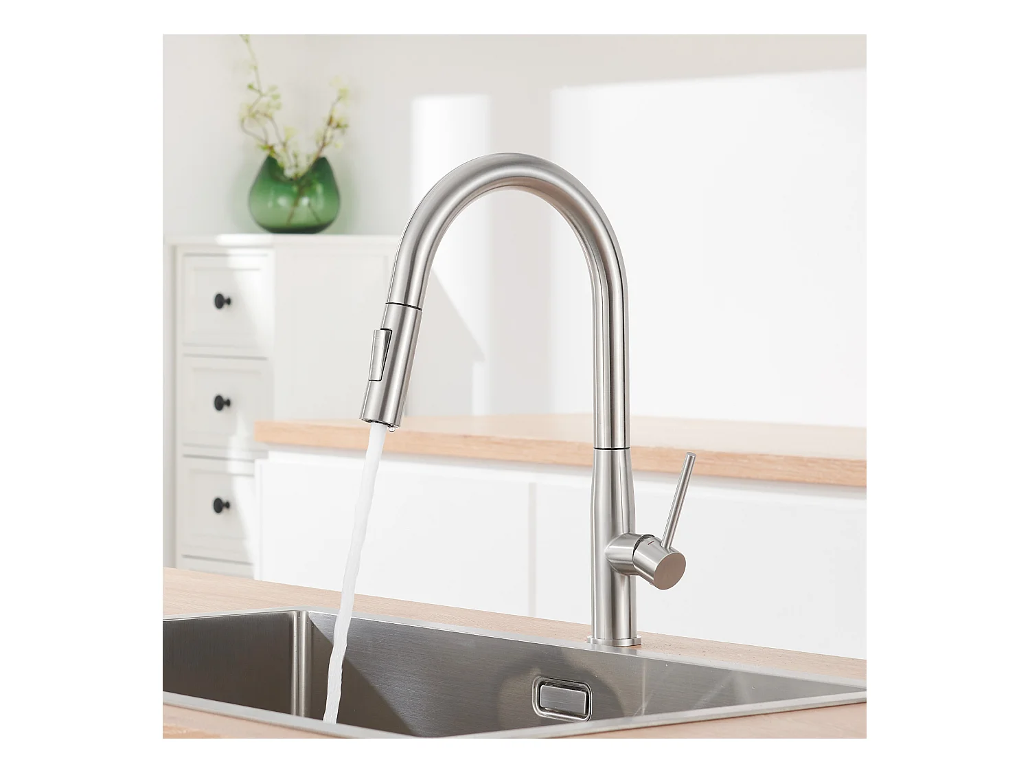 Fregadero Cocina 1 Bandeja 60*44*20CM,inoxidable, empotrado/subplano con Cesta drenaje,Plata+Grifo Cocina con Ducha Extraíble,2 Modos Jets,Cepillado