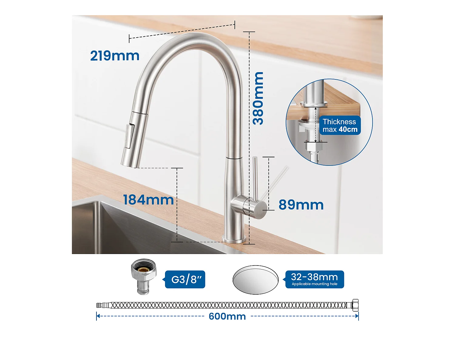 Fregadero Cocina 1 Bandeja 60*44*20CM,inoxidable, empotrado/subplano con Cesta drenaje,Plata+Grifo Cocina con Ducha Extraíble,2 Modos Jets,Cepillado