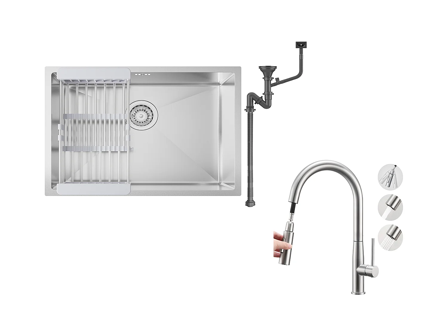 Évier Cuisine 1 Bac 60*44*20CM,inox,à Encastrer/sous-plan avec Panier Drainage,Silver+Robinet Cuisine avec Douchette Extractible,2 Modes Jets,Brossé