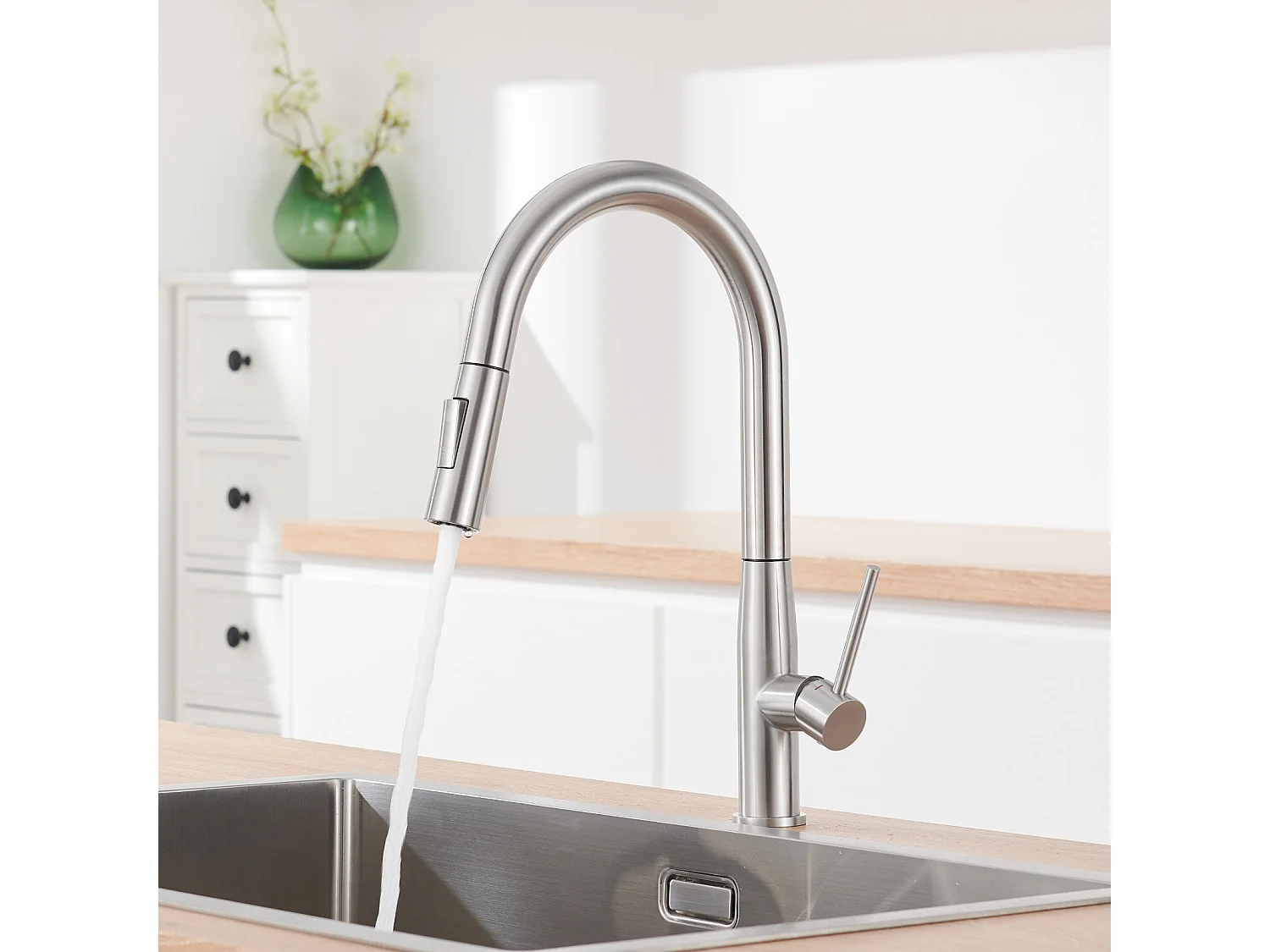 Évier Cuisine 1 Bac 60*44*20CM,inox,à Encastrer/sous-plan avec Panier Drainage,Silver+Robinet Cuisine avec Douchette Extractible,2 Modes Jets,Brossé