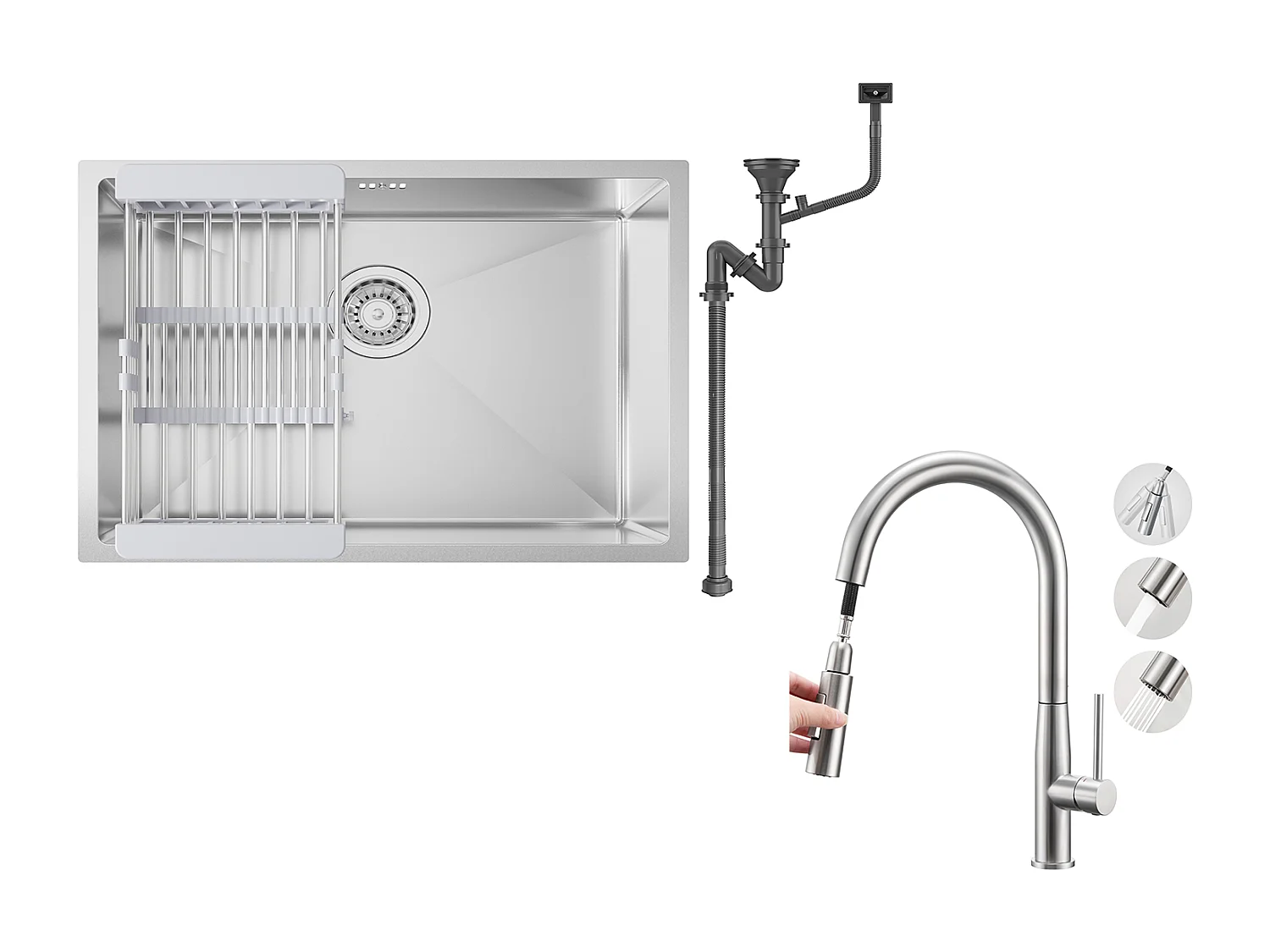 Évier Cuisine 1 Bac 60*44*20CM,inox,à Encastrer/sous-plan avec Panier Drainage,Silver+Robinet Cuisine avec Douchette Extractible,2 Modes Jets,Brossé