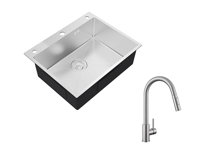 Auralummax Fregadero Cocina empotrable,1 Bandeja,60*49*20CM, inox 304,Silver+Mezclador de Cocina con Ducha Extensible,Rotativo 360°,2 Modos,Cepillado