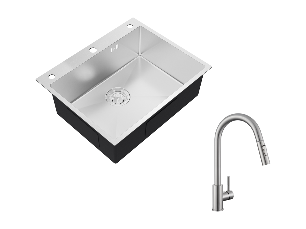 Auralum max Inbouw Keukenspoelbak,1 Bak,60*49*20CM,In 304 RVS,Zilver+Koedkraan met Uitschuifbare Handdouche, 360° Draaibaar,2 Modi,Geborsteld