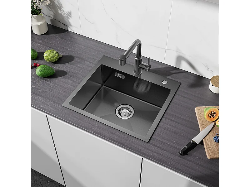 Lavello in acciaio inox Cecipa max 1 vasca Lavello 50×45 cm Lavello da cucina in acciaio inox 201 nanometri Nero (Montaggio superiore/Montaggio piatto), Modello UE