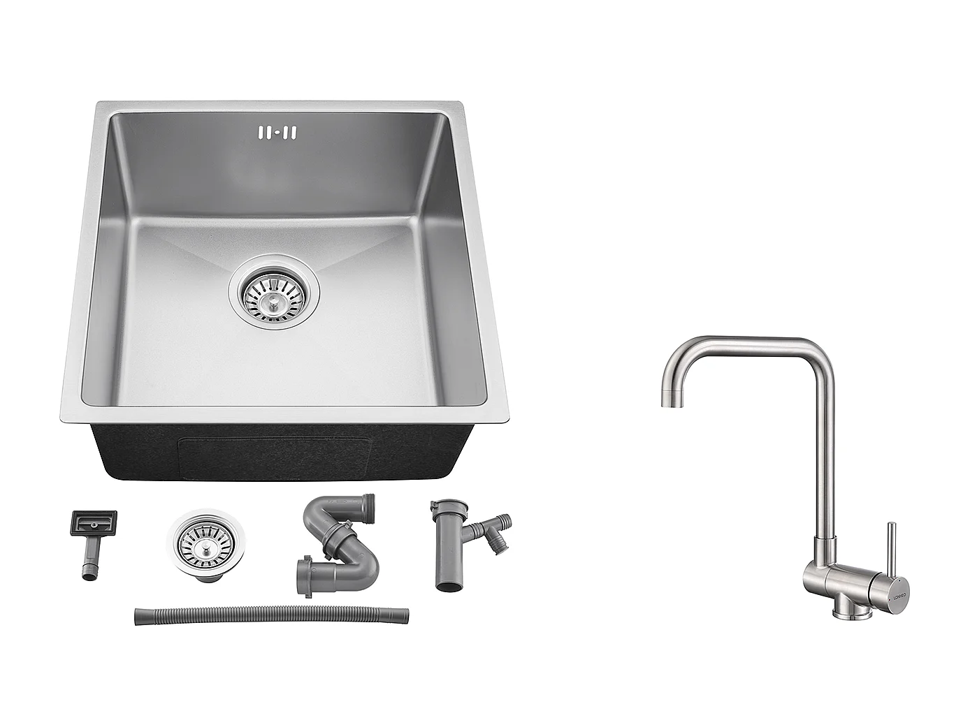 AuraLum Max Évier Encastré 44x44x20CM-Évier  Cuisine 1 Bac Inoxydable 304,Argent+Mitigeur Cuisine Rabattable Pivotant 360° Eau froid Chaud,EU Modèle