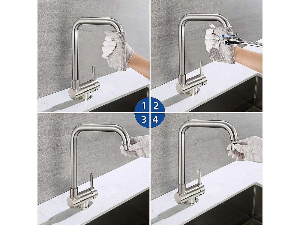 AuraLum Max Évier Encastré 44x44x20CM-Évier  Cuisine 1 Bac Inoxydable 304,Argent+Mitigeur Cuisine Rabattable Pivotant 360° Eau froid Chaud,EU Modèle