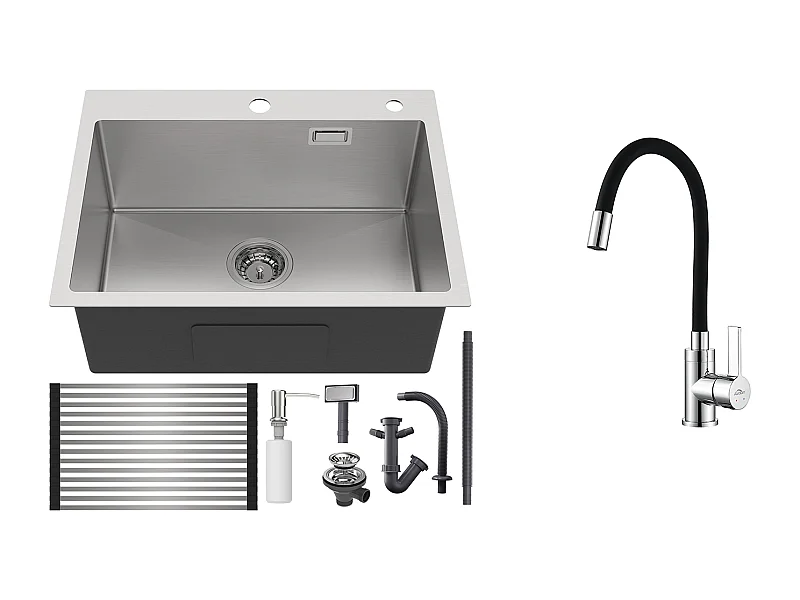 Évier Cuisine 1 Bac Brossé,58*45*18CM,Égouttoir Énroulable,Distributeur Savon+Robinet de Cuisine Flexible Bec Haut Orientable