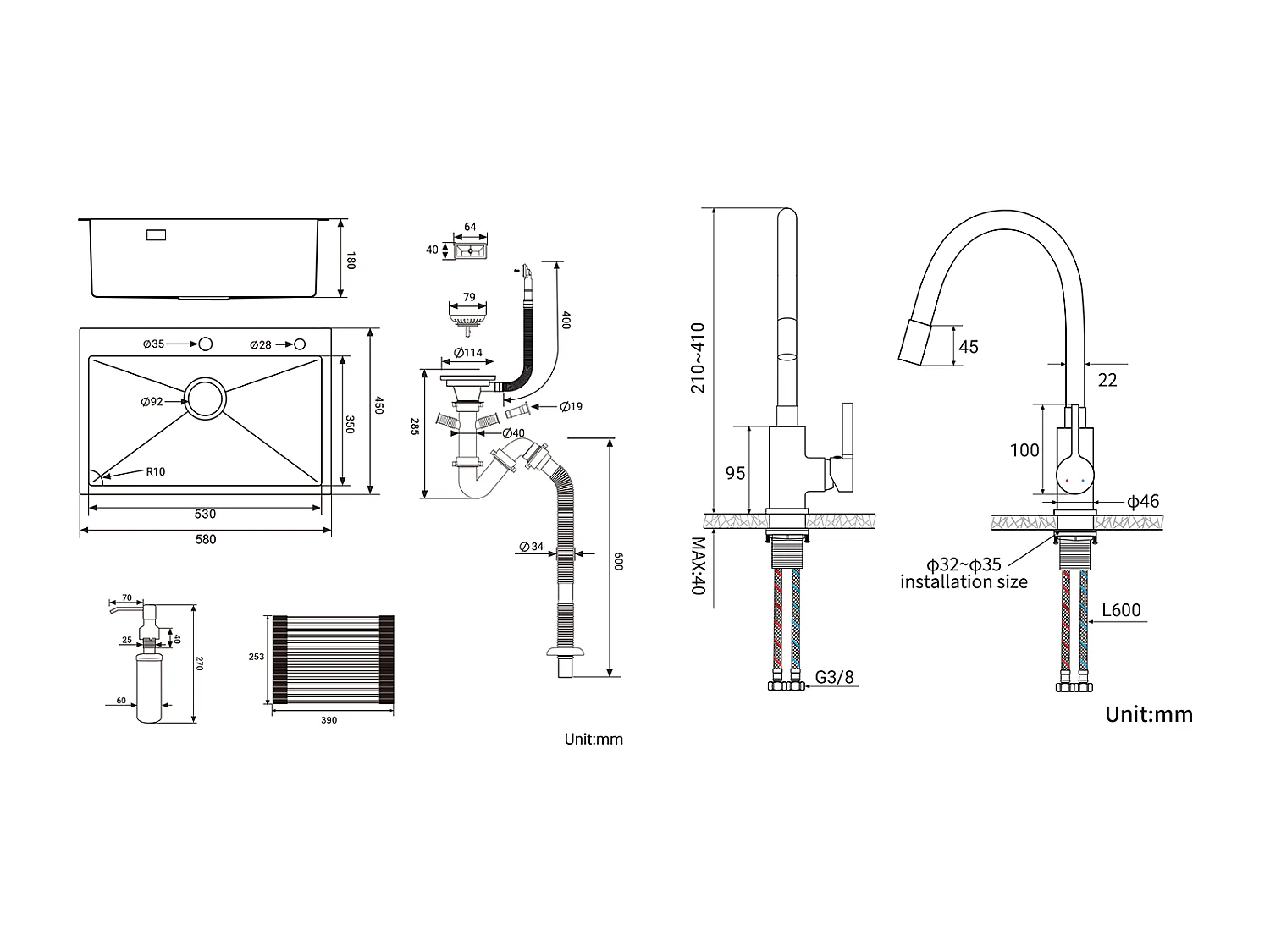 Aanrecht 1 Geborstelde Bak, 58*45*18CM, Oprolbare Afdruiprek, Zeepdispenser + Flexibele Keukenkraan Draaibare Hoge Uitloop