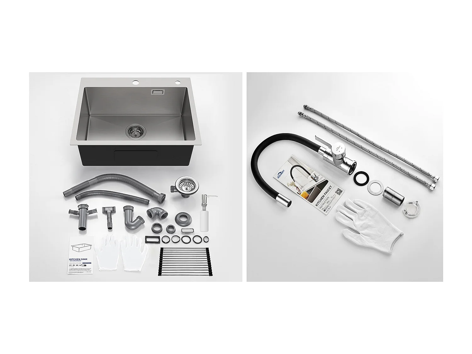 Aanrecht 1 Geborstelde Bak, 58*45*18CM, Oprolbare Afdruiprek, Zeepdispenser + Flexibele Keukenkraan Draaibare Hoge Uitloop