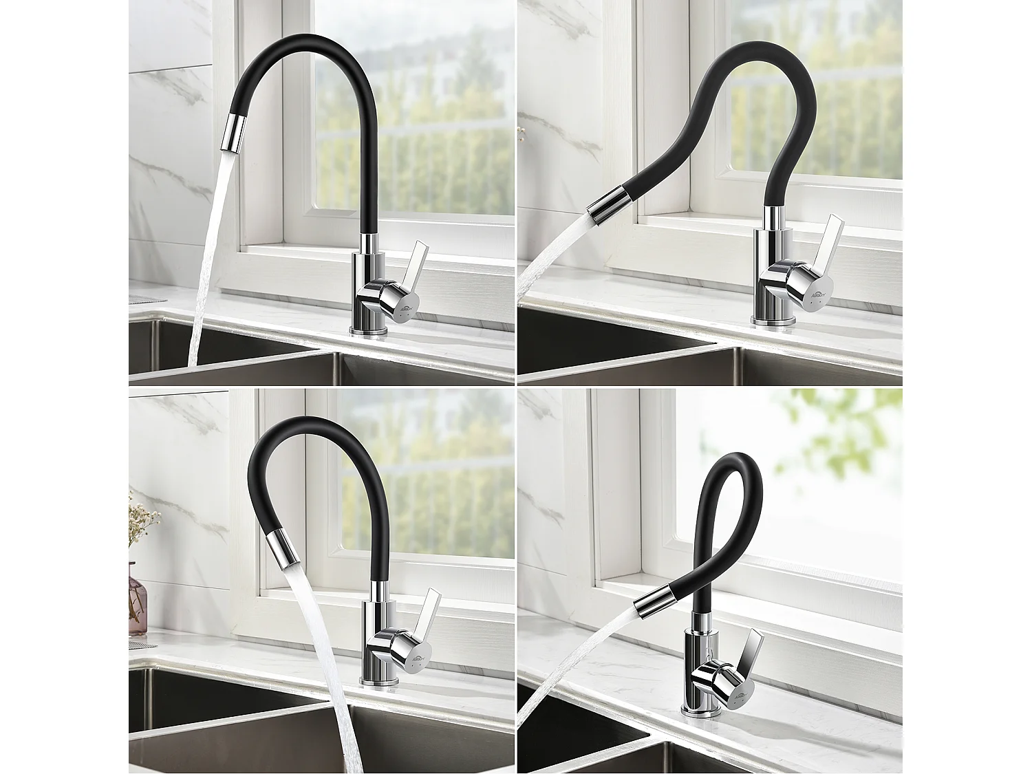 Aanrecht 1 Geborstelde Bak, 58*45*18CM, Oprolbare Afdruiprek, Zeepdispenser + Flexibele Keukenkraan Draaibare Hoge Uitloop