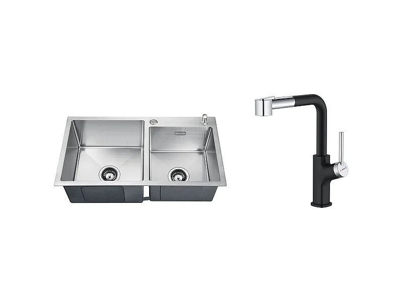 2-in-1-Küchenspüle mit 2 Becken, 75 x 45 x 19 cm, Einbau-/Aufsatzspüle mit Seifenspender + 360° drehbarer, ausziehbarer Küchenarmatur aus Edelstahl