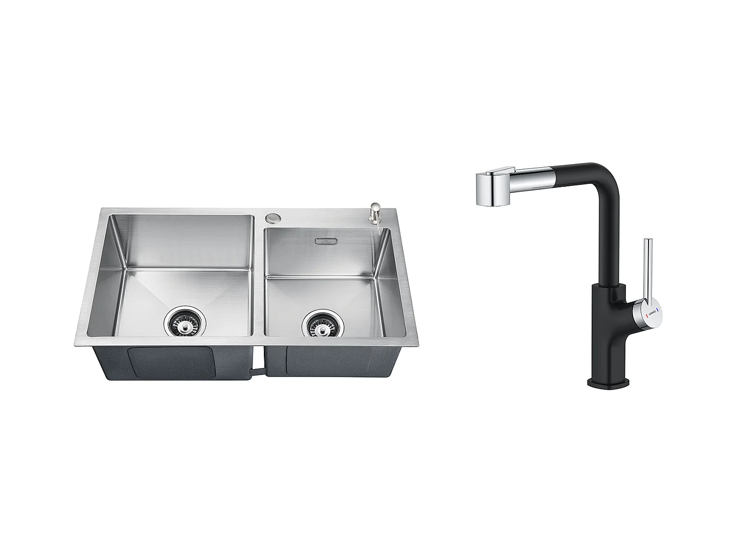 2-in-1-Küchenspüle mit 2 Becken, 75 x 45 x 19 cm, Einbau-/Aufsatzspüle mit Seifenspender + 360° drehbarer, ausziehbarer Küchenarmatur aus Edelstahl