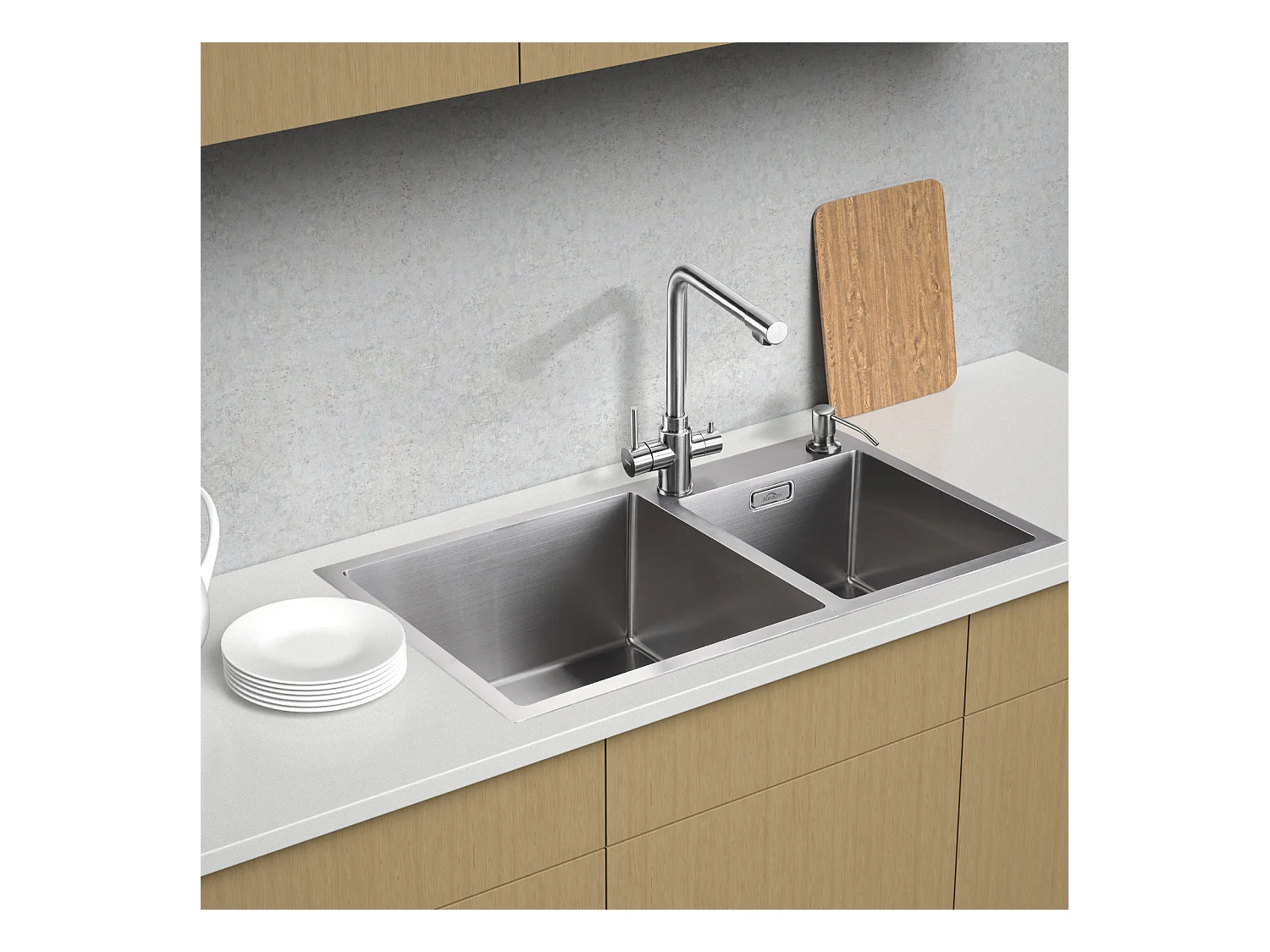 2-in-1-Küchenspüle mit 2 Becken, 75 x 45 x 19 cm, Einbau-/Aufsatzspüle mit Seifenspender + 360° drehbarer, ausziehbarer Küchenarmatur aus Edelstahl