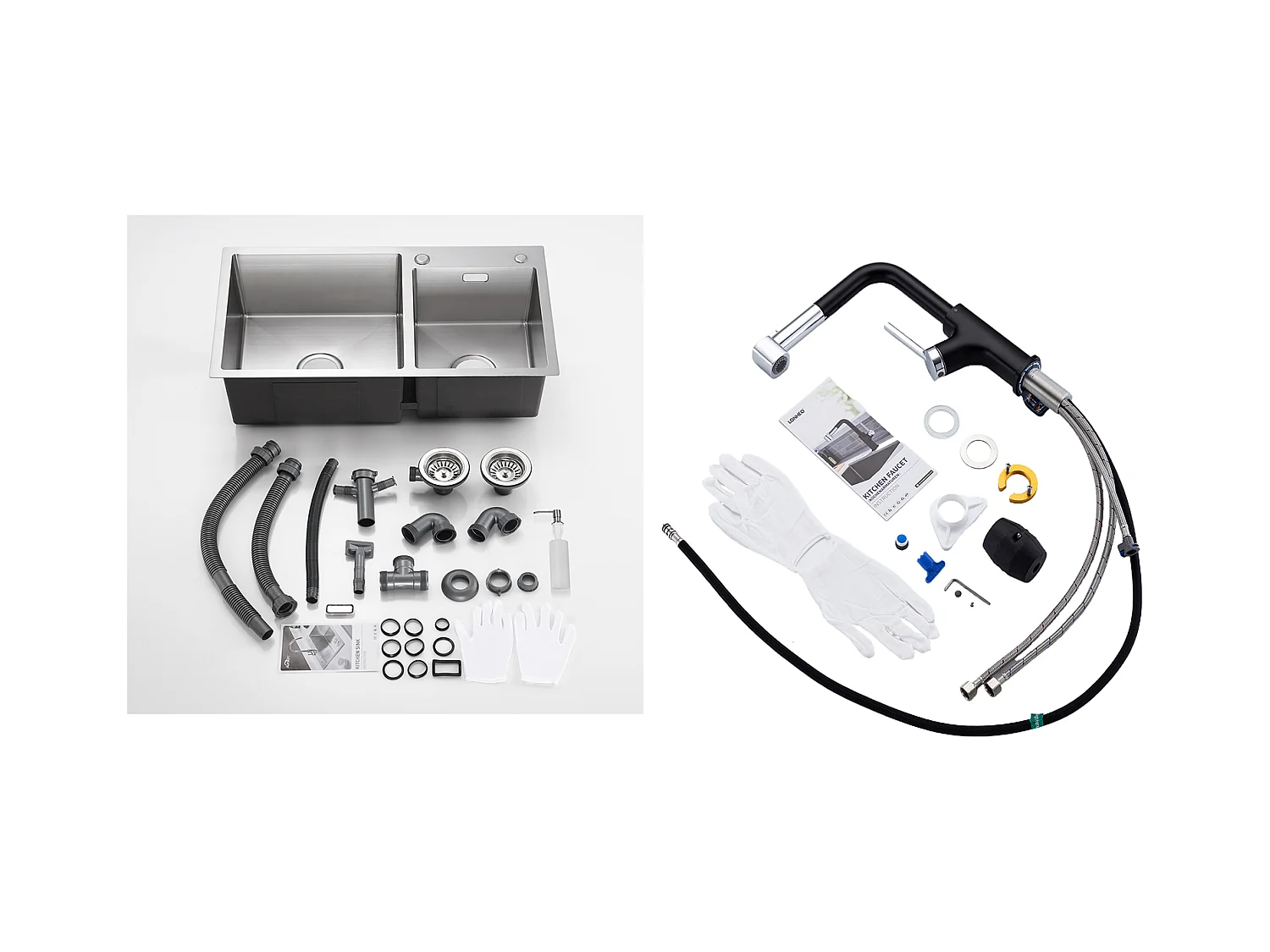 2-in-1-Küchenspüle mit 2 Becken, 75 x 45 x 19 cm, Einbau-/Aufsatzspüle mit Seifenspender + 360° drehbarer, ausziehbarer Küchenarmatur aus Edelstahl