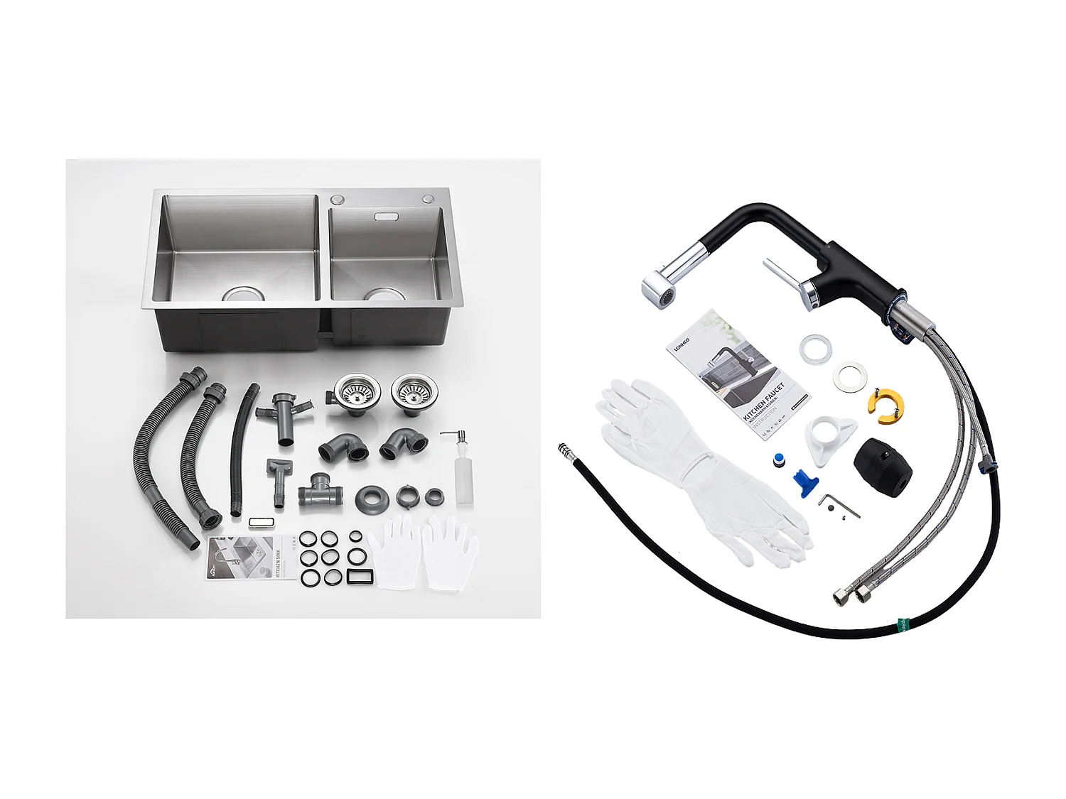 2 en 1 Évier de Cuisine 2 Bac 75x45x19cm,Encastré/ à Poser avec Distributeur de Savon+ Robinet de Cuisine Inox Extractible Rotatif à 360 °