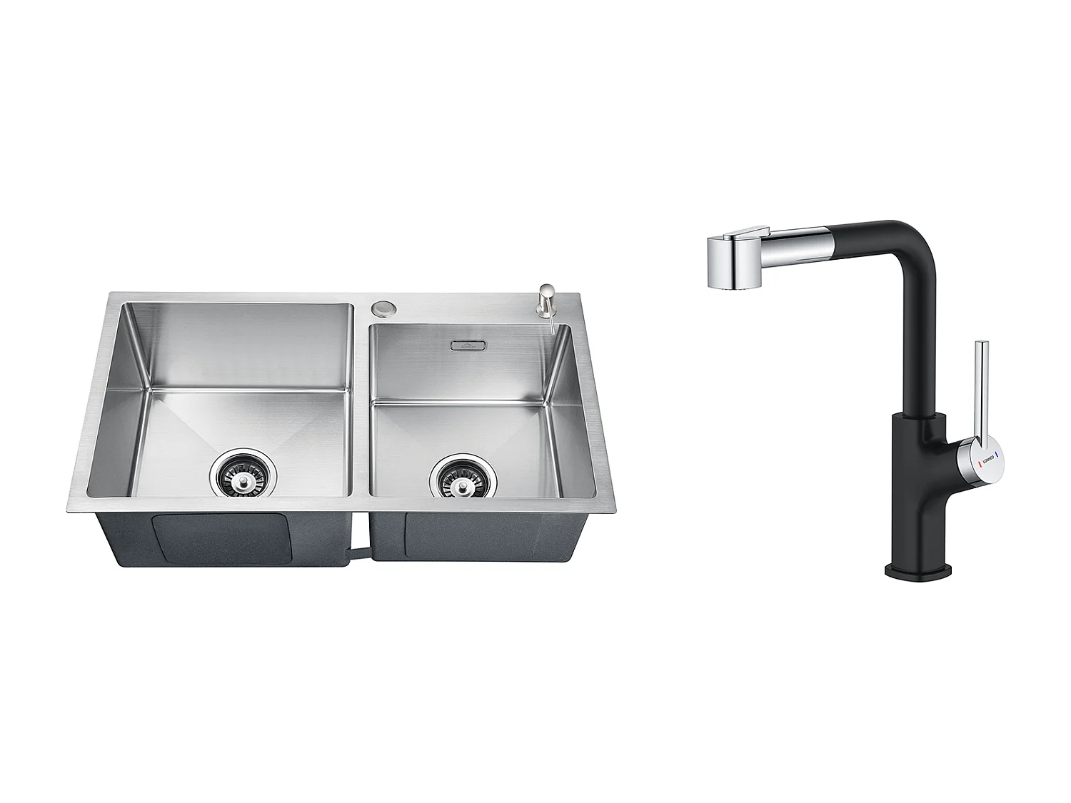 2 in 1 Aanrecht 2 Bak 75x45x19cm, Inbouw/ Opzetbaar met Zeepdispenser+ RVS Uittrekbare Keukenkraan 360° Draaibaar