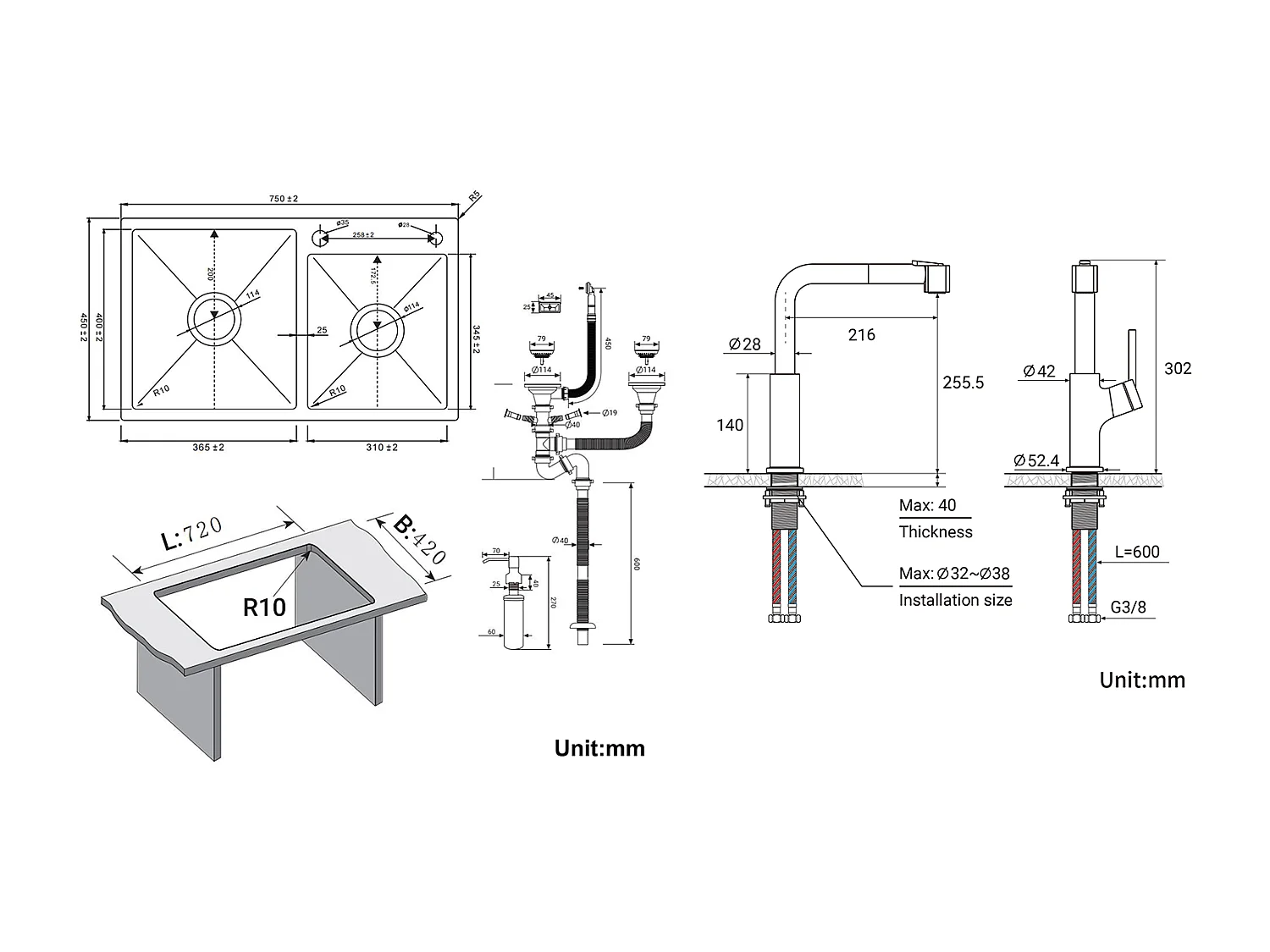 2 in 1 Aanrecht 2 Bak 75x45x19cm, Inbouw/ Opzetbaar met Zeepdispenser+ RVS Uittrekbare Keukenkraan 360° Draaibaar