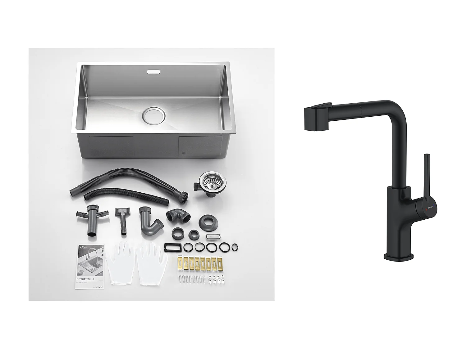 Évier Cuisine 1 Bac 74*44*20CM 304 Inox Évier Brossé avec Siphon et Trop-Plein+ Robinet de Cuisine Inox Extractible Rotatif à 360 ° 