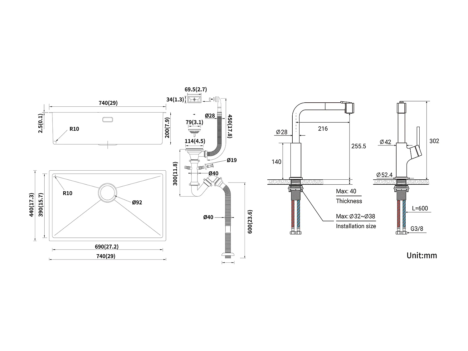 Évier Cuisine 1 Bac 74*44*20CM 304 Inox Évier Brossé avec Siphon et Trop-Plein+ Robinet de Cuisine Inox Extractible Rotatif à 360 ° 