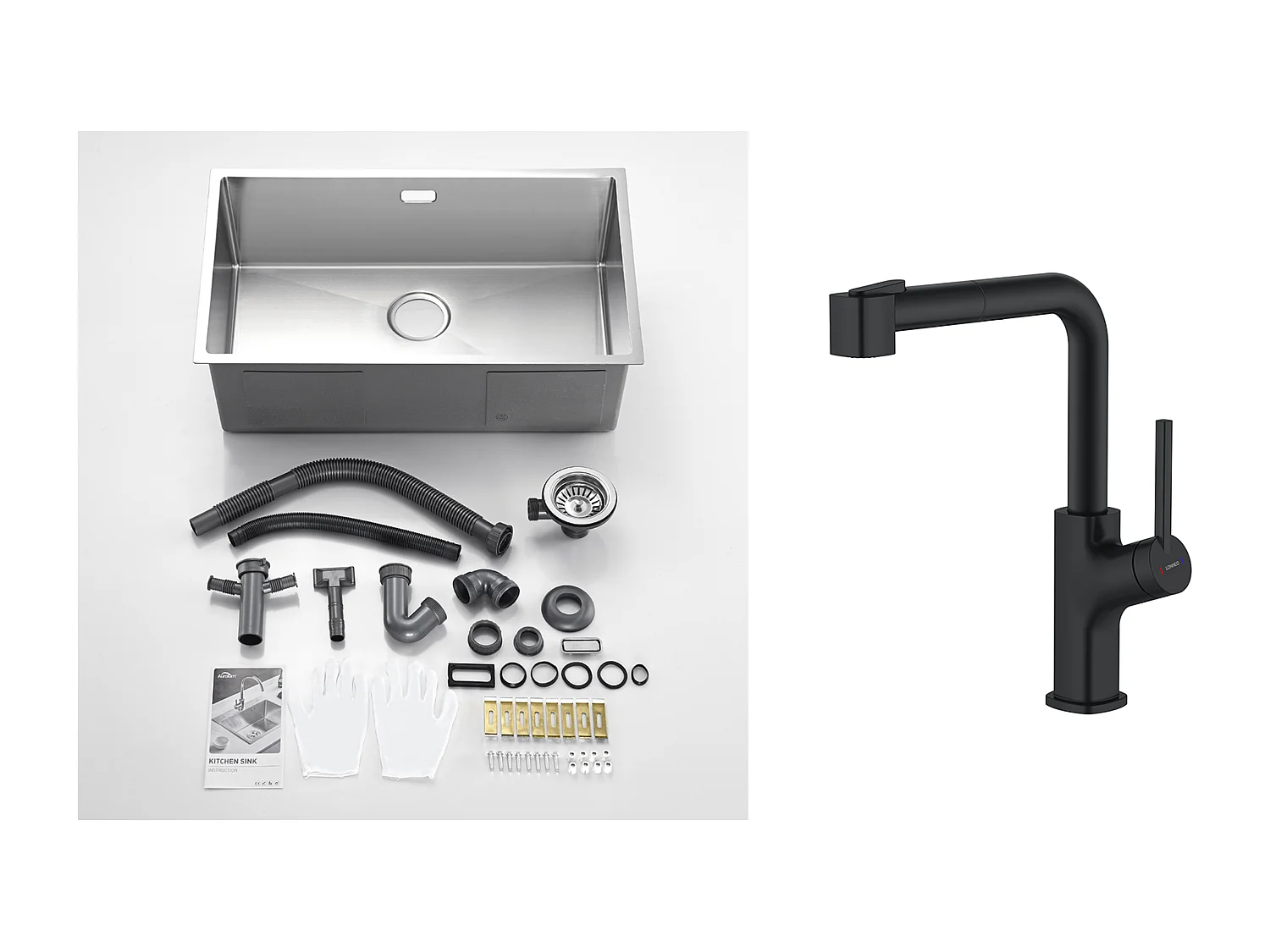 Évier Cuisine 1 Bac 74*44*20CM 304 Inox Évier Brossé avec Siphon et Trop-Plein+ Robinet de Cuisine Inox Extractible Rotatif à 360 ° 