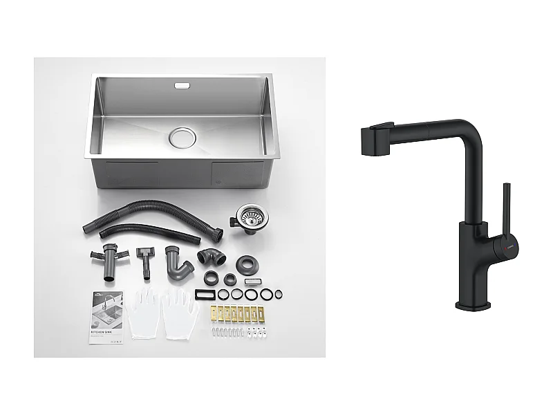 Aanrecht 1 Bak 74*44*20CM 304 RVS Geborstelde Wastafel met Sifon en Overloop+ Uittrekbare RVS Keukenkraan 360 ° Draaibaar