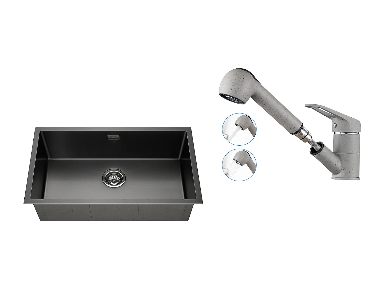 Évier Cuisine 1 Bac 74*44*20CM,Inox Brossé avec Siphon et Trop-Plein+Robinet Cuisine avec Douchette Extractible 2 Jets,Eau Froide/ Chaude,Gris