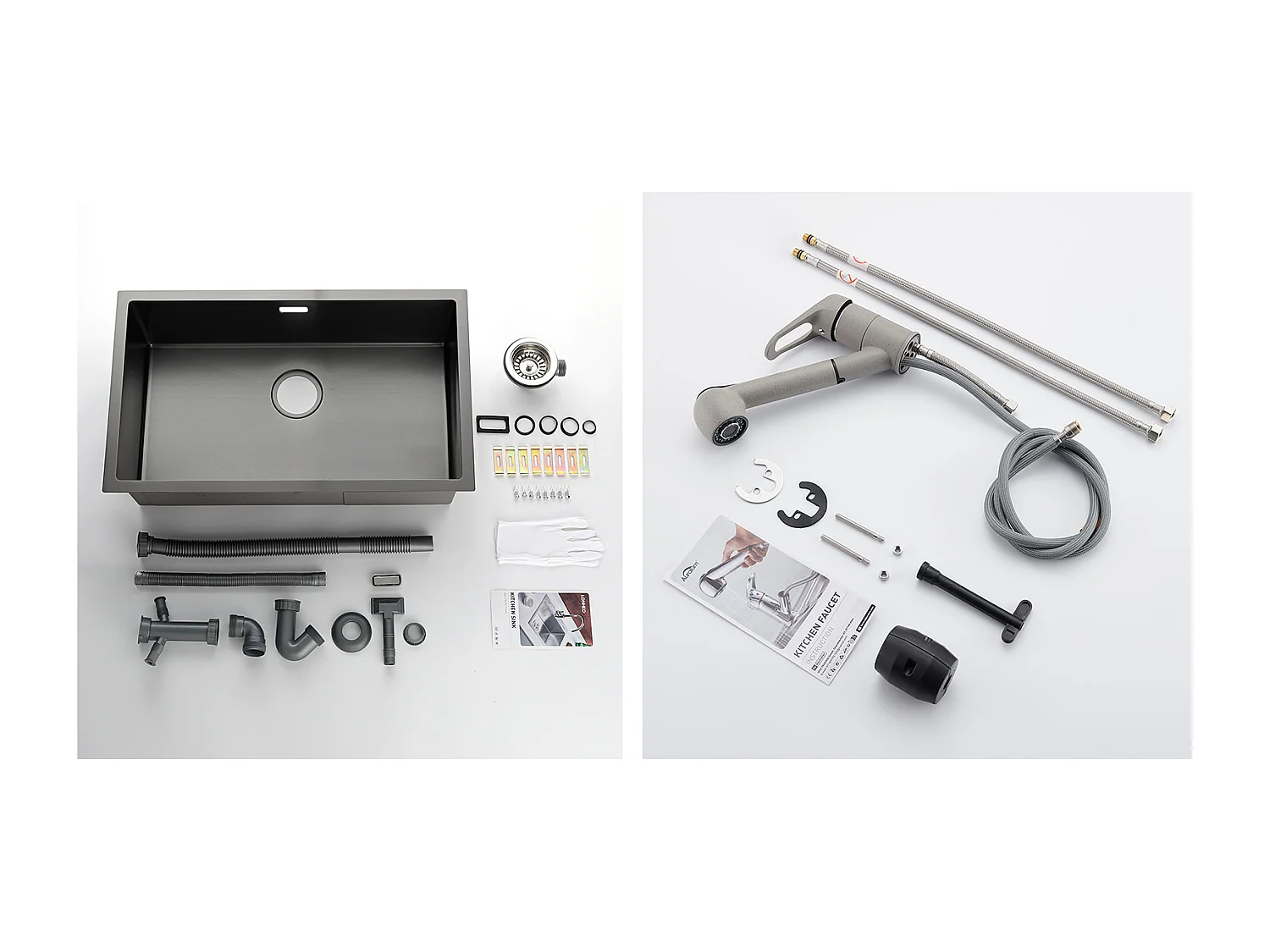 Évier Cuisine 1 Bac 74*44*20CM,Inox Brossé avec Siphon et Trop-Plein+Robinet Cuisine avec Douchette Extractible 2 Jets,Eau Froide/ Chaude,Gris