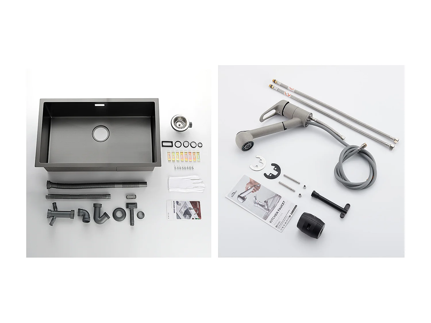 Évier Cuisine 1 Bac 74*44*20CM,Inox Brossé avec Siphon et Trop-Plein+Robinet Cuisine avec Douchette Extractible 2 Jets,Eau Froide/ Chaude,Gris