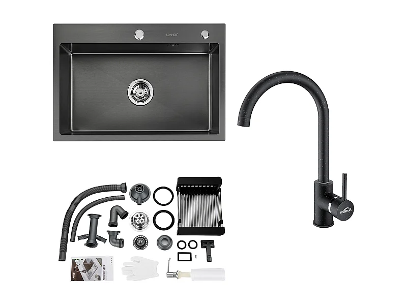 2en1 Fregadero Cocina Negro 68x45x19CM con Distributor Jabón y Escurridor Cesta+Grifo Cocina Rotativo 360°Agua Fría Caliente Negro con puntos blancos