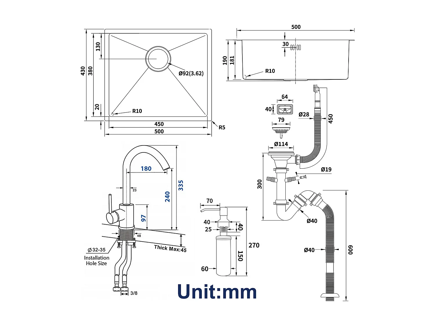 2en1 Fregadero Cocina Negro 68x45x19CM con Distributor Jabón y Escurridor Cesta+Grifo Cocina Rotativo 360°Agua Fría Caliente Negro con puntos blancos