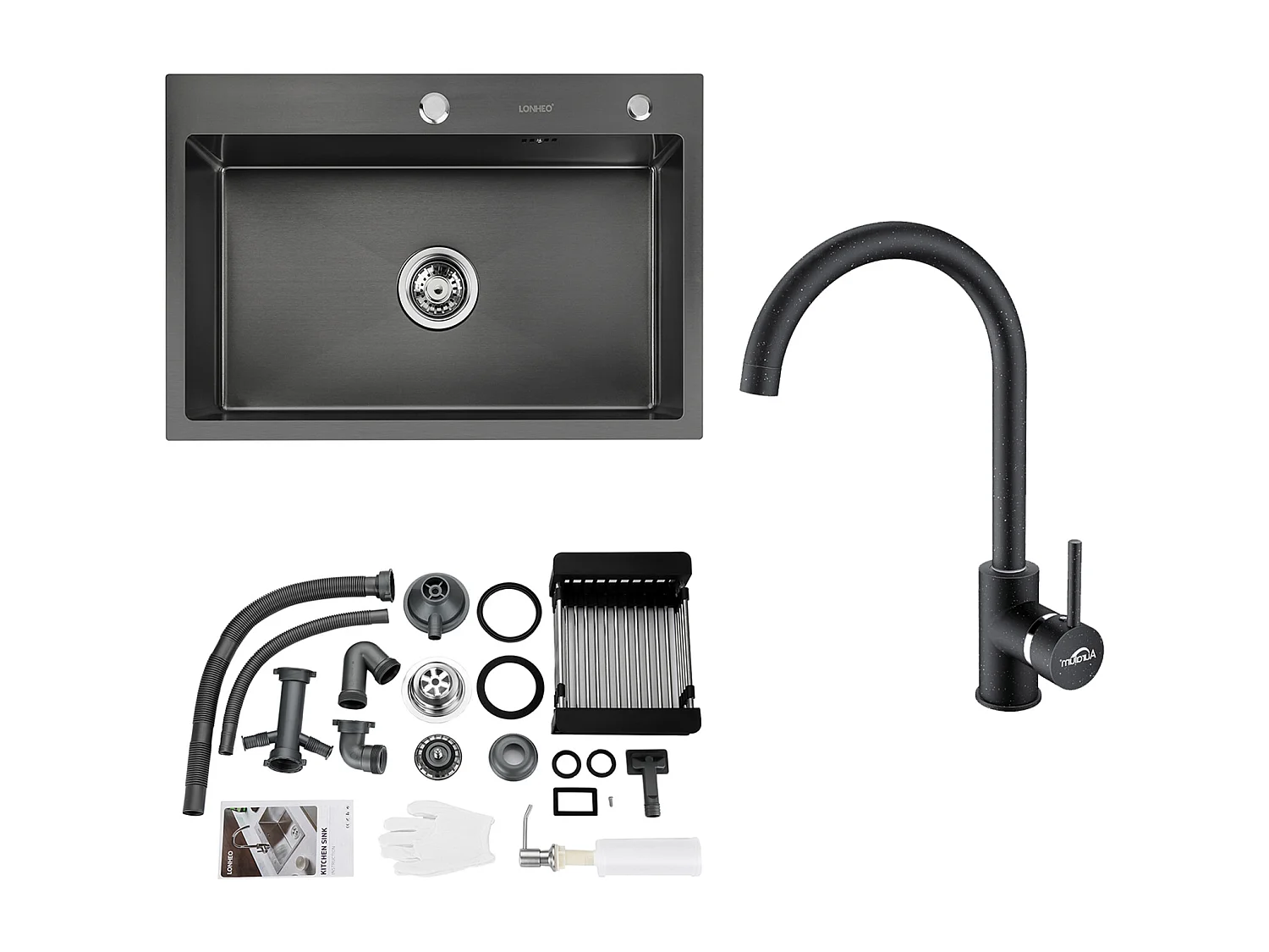 2en1 Évier Cuisine Noir 68x45x19CM avec Distrubuteur  savon et Égouttoir panier+Robinet Cuisine Rotatif 360°Eau Froide Chaude Noir avec points blancs