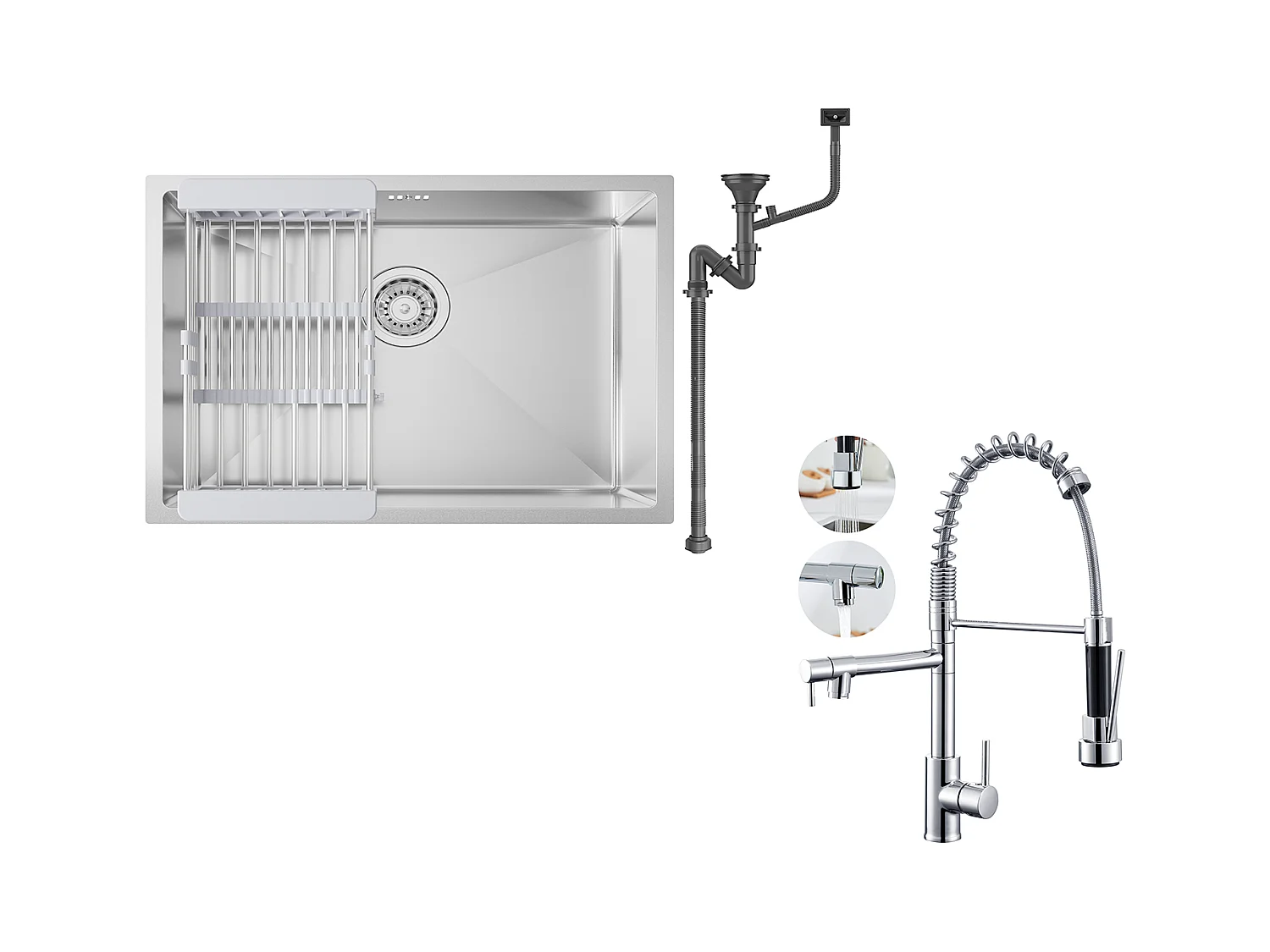 Évier Cuisine 1 Bac 60*44*20CM,inox 304,à Encastrer/sous-plan avec Panier Drainage,Nano Silver+Robinet Cuisine Rotatif 360° Douchette Extractible