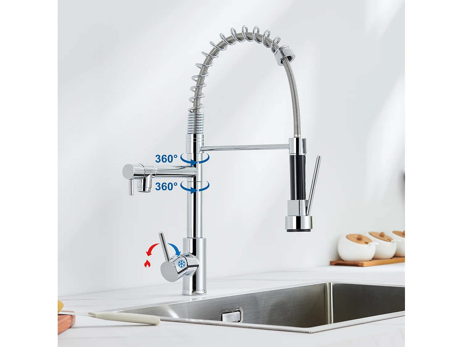 60 * 44 * 20 cm Einzelbecken-Küchenspüle, Edelstahl 304, Einbau-/Unterbauspüle mit Abtropfkorb, Nanosilber + 360 ° drehbare Küchenarmatur mit ausziehbarer Brause