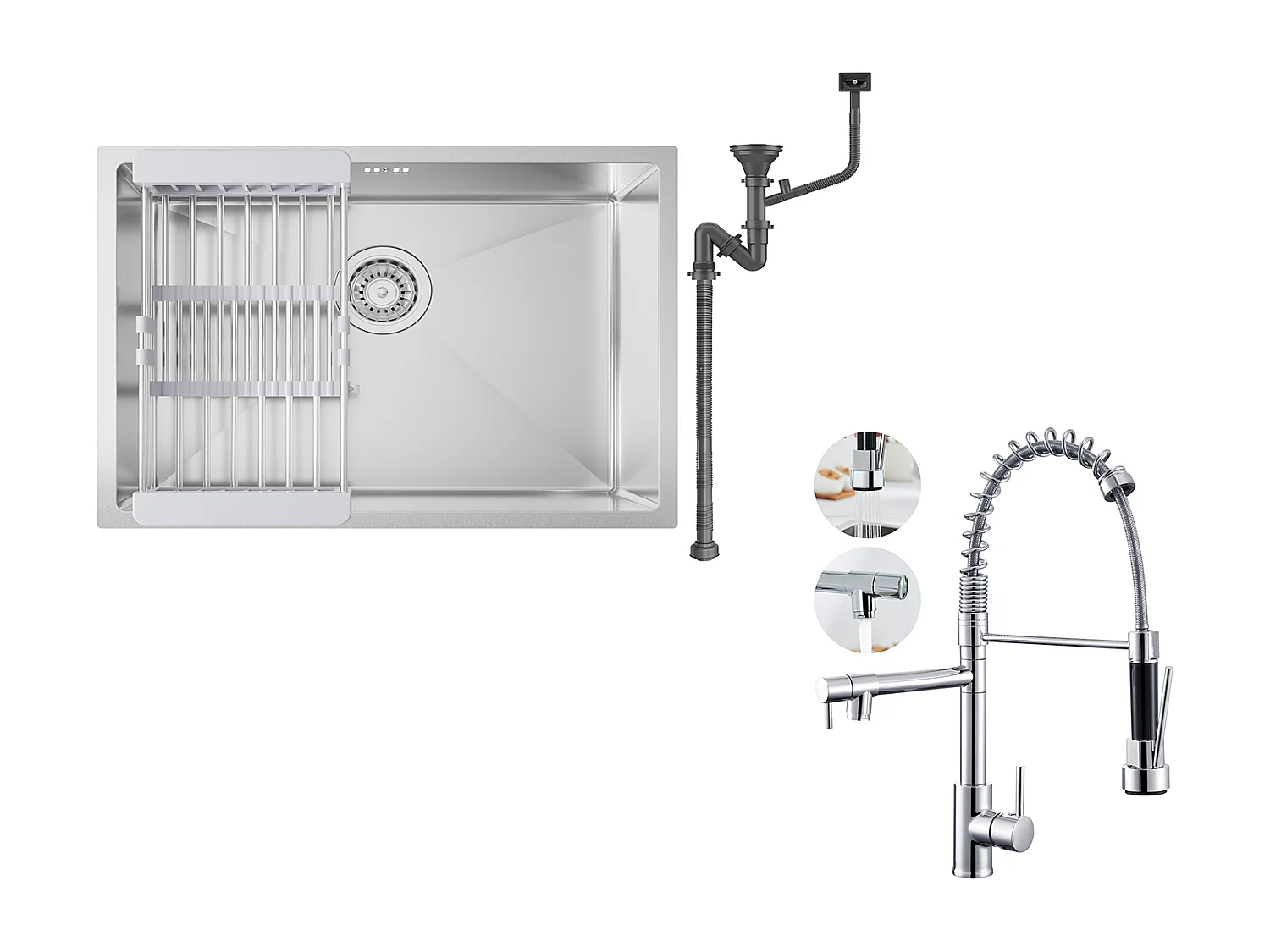Évier Cuisine 1 Bac 60*44*20CM,inox 304,à Encastrer/sous-plan avec Panier Drainage,Nano Silver+Robinet Cuisine Rotatif 360° Douchette Extractible