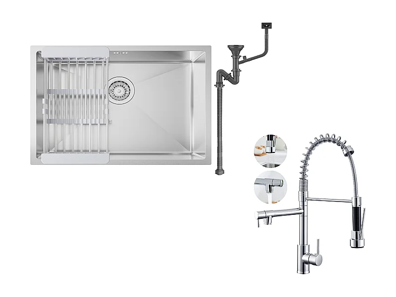 Aanrecht 1 bak 60*44*20CM, roestvrij stvs 304, inbouw/ondergrond met afvoermand, Nano Silver+ 360° draaibare keukenkraan Uittrekbare handdouche