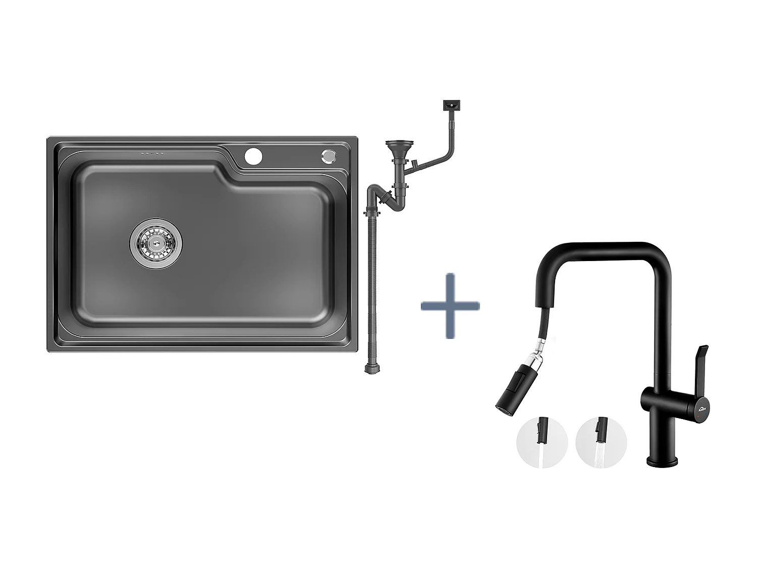 Auralum Max Évier Cuisine 1 Bac 62*45*21CM,en Inox PVD Nano Vasque à Poser,Noir+Robinet Cuisine avec Douchette Extractible,2 Fonctions,Noir