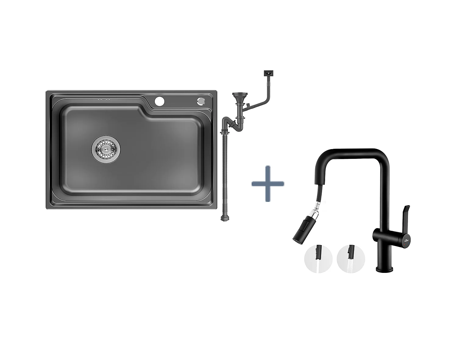 Auralum Max Évier Cuisine 1 Bac 62*45*21CM,en Inox PVD Nano Vasque à Poser,Noir+Robinet Cuisine avec Douchette Extractible,2 Fonctions,Noir