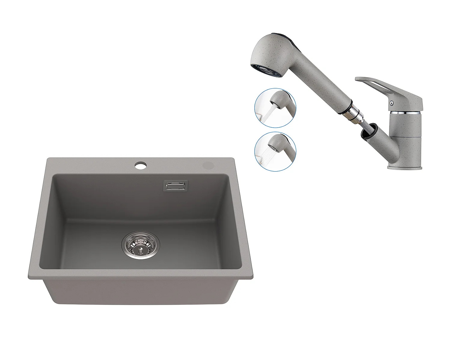 1 Bac Évier Cuisine en Granit,55*45*20cm,Kit de Vidage,Gris+Robinet Cuisine avec Douchette Extractible 2 Jets,Eau Froide/Chaude,Gris