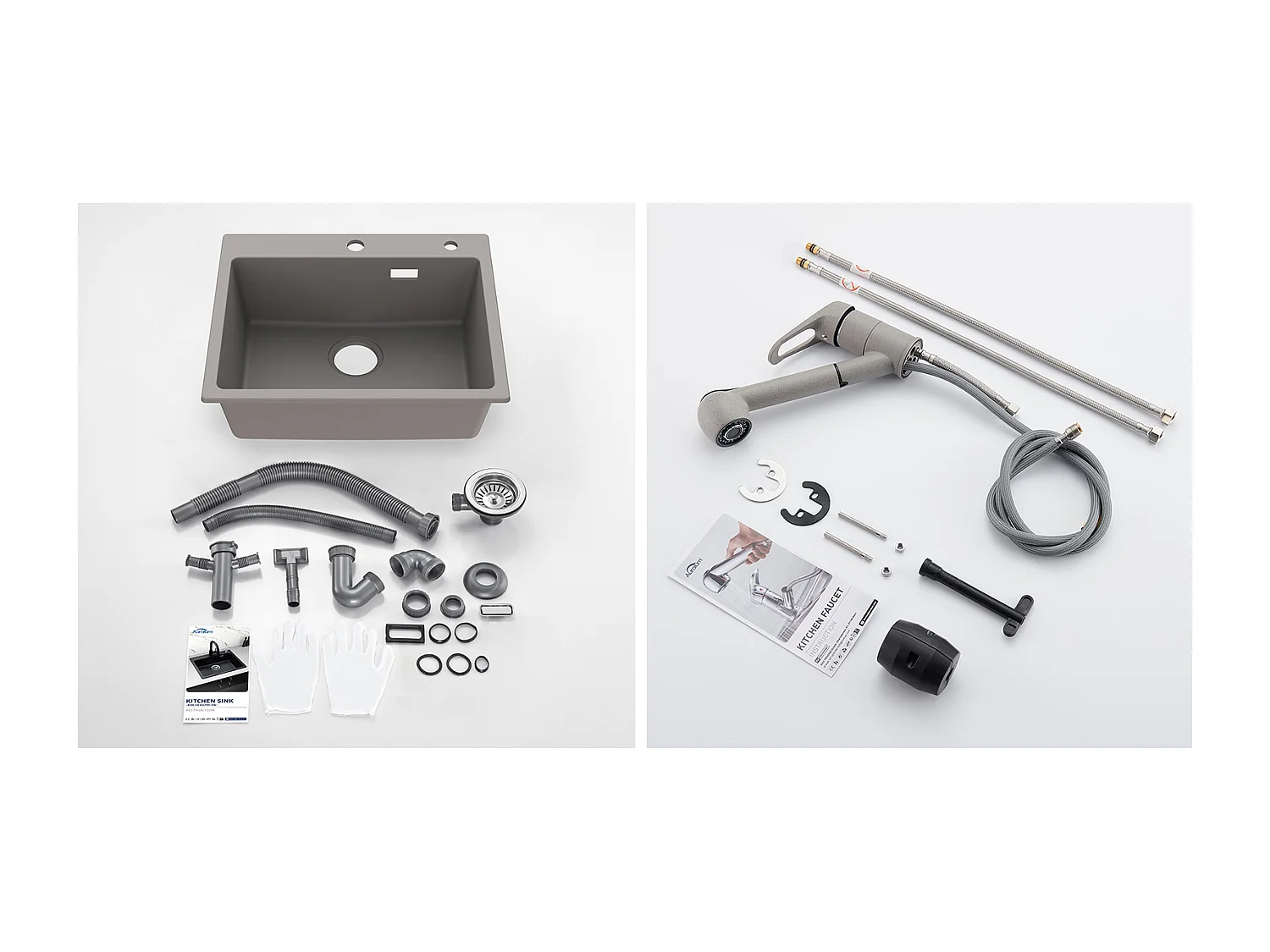 1 Bac Évier Cuisine en Granit,55*45*20cm,Kit de Vidage,Gris+Robinet Cuisine avec Douchette Extractible 2 Jets,Eau Froide/Chaude,Gris