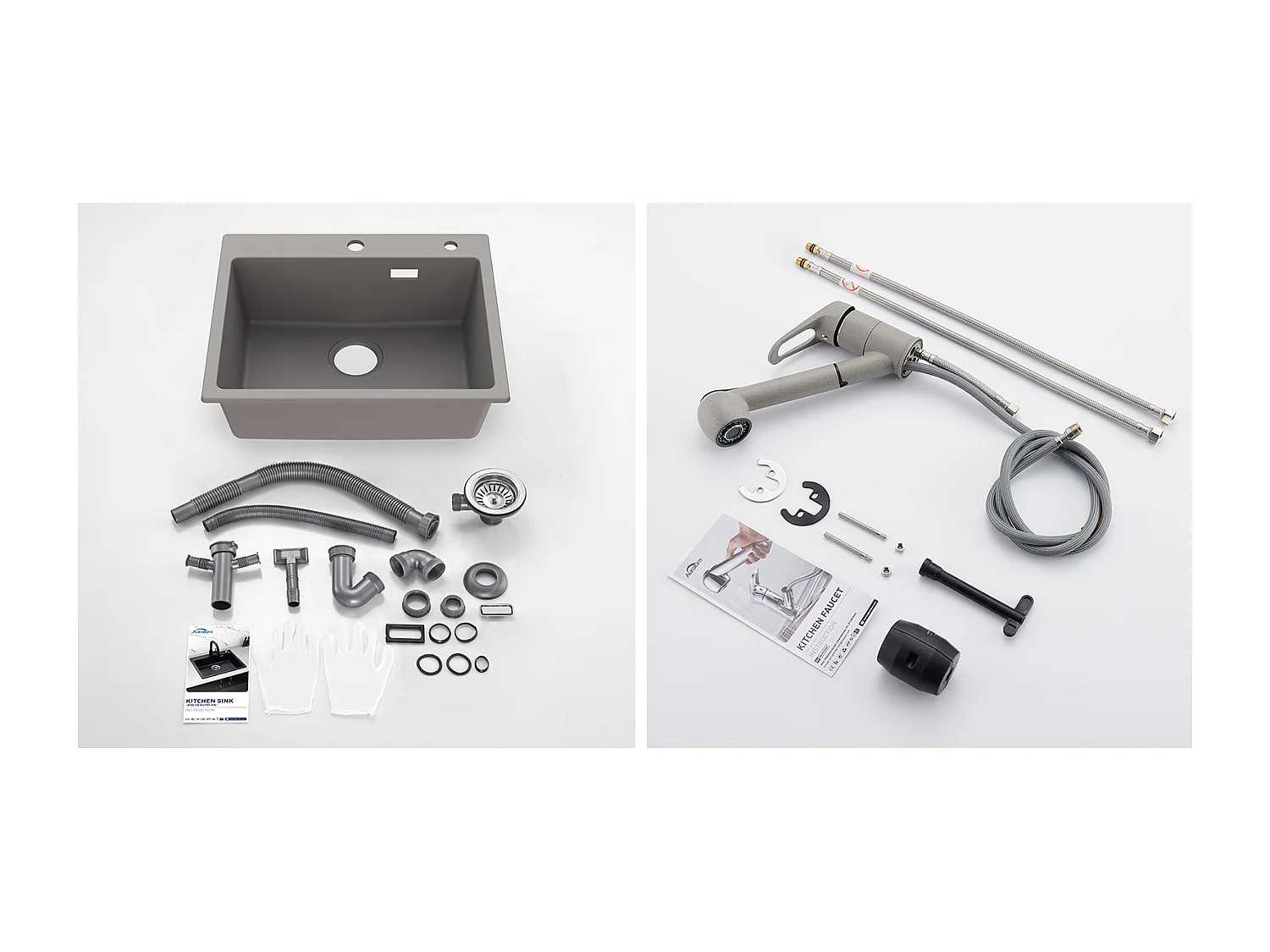 1 Bac Évier Cuisine en Granit,55*45*20cm,Kit de Vidage,Gris+Robinet Cuisine avec Douchette Extractible 2 Jets,Eau Froide/Chaude,Gris